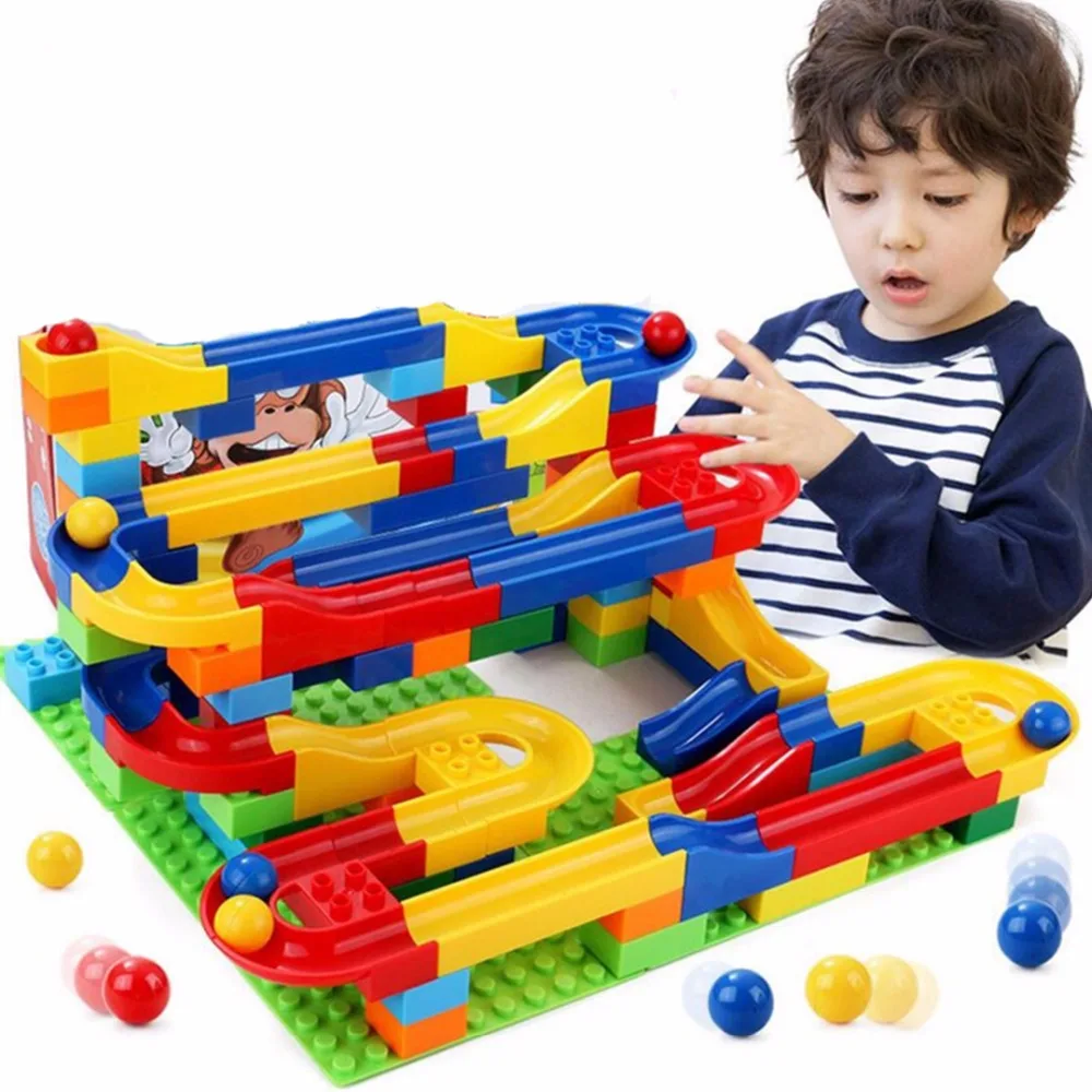 

Marble Race Maze Track Building Blocks DIY Funnel Plastic Slide Big Size Bricks Compatible Duplo Bricks Educational Baby Toys