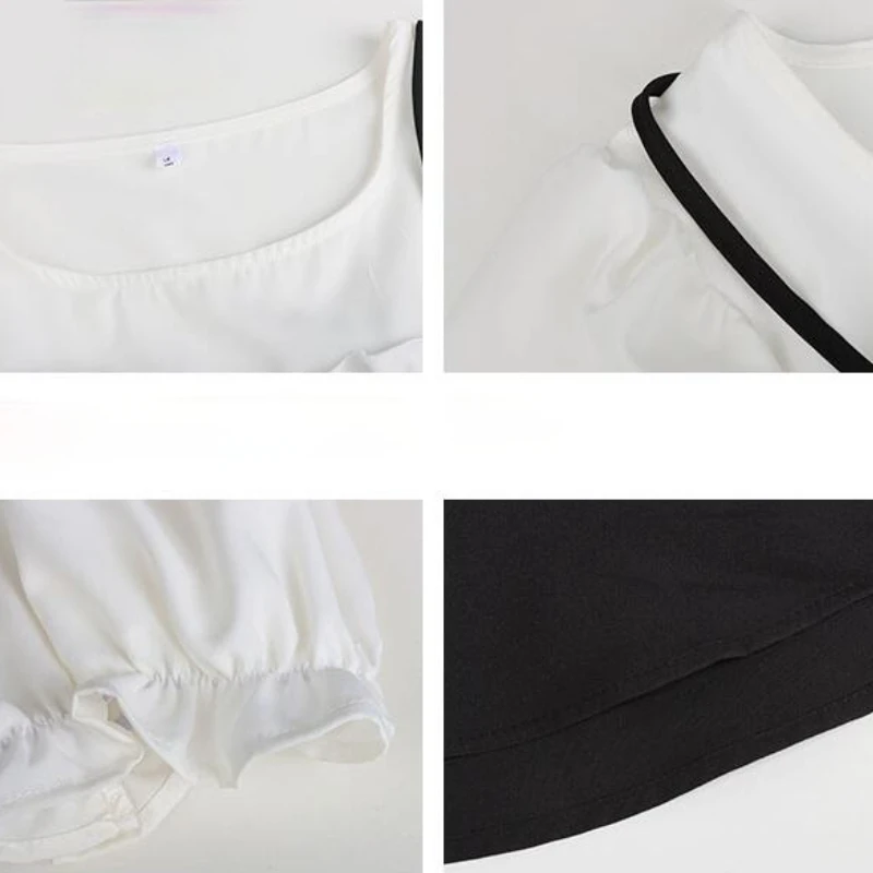 

Blouses Women Patchwork Summer Puff Sleeve Simple Basis Ruffles Hem Slim Lovely Students All-match Ladies Trendy Korean Style