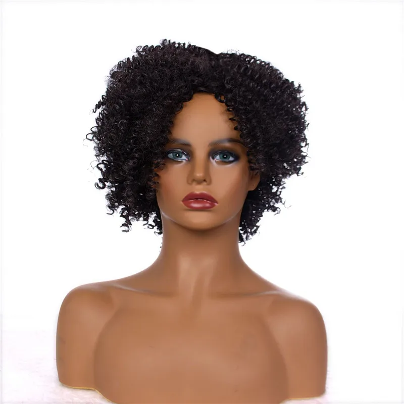 

Short Black Curly Wavy Synthetic Wig Heat Resistant Fiber With Side Part Bang For Afro Women Daily Party Use Nature Looking Wig