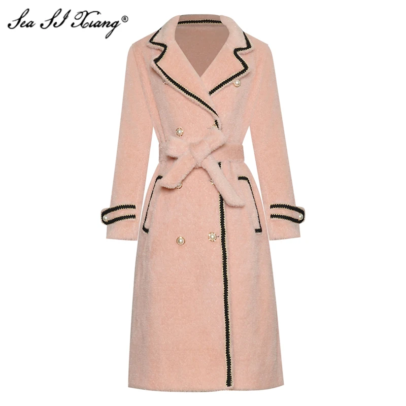 

Seasixiang Fashion Designer Autumn Winter Wool Blends Overcoat Turn-down Collar Long Sleeve Color Collision Keep Warm Overcoat