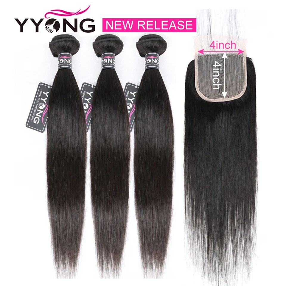 YYong T4x4x1 Lace Closure With Bundles Brazilian Remy Straight Human Hair 3/4 Bundles With T Part Lace Closure Middle Part
