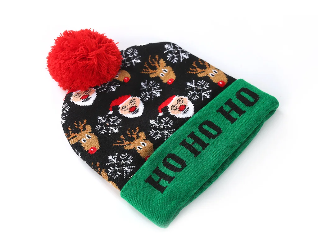 

2021 New Christmas Decoration Knitted Woolen Hat LED Light Adult Hat Winter Warm Children Luminous Hat
