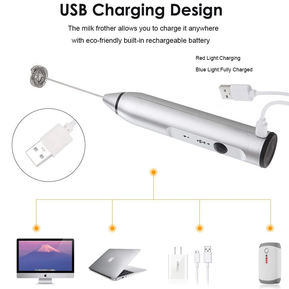 YAJIAO USB 3 скорости Электрический молоковзбиватель кофе прочный Миксер для напитков перезаряжаемый с 2 венчиком для ручной пенообразователь латте