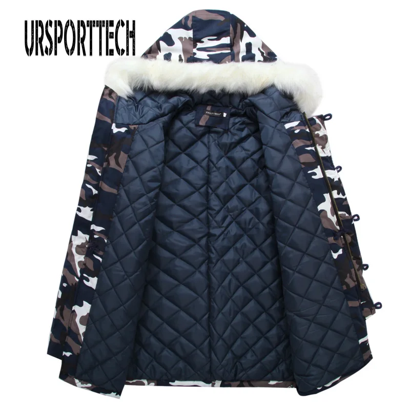 Camouflage Parka Mens Winter Jacket Men Big Fur Collar Fashion Middle Long Coats Plus Size Winter Coat Men Parka Homme 5XL