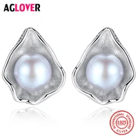 aglover 925 solid silver earring shell stud earrings genuine natural freshwater pearl earring pearl fashion jewelry women gift