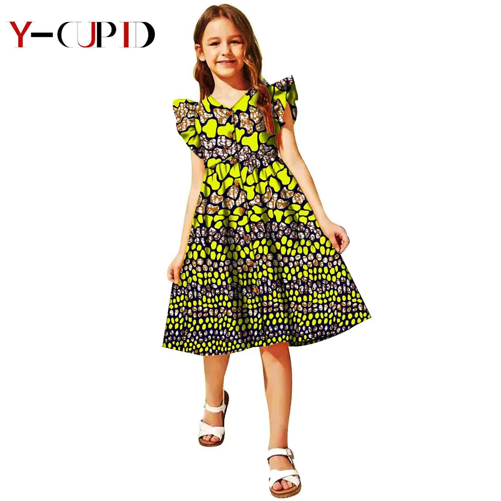 

African Clothes for Kids Girls Ankara Print Butterfly Sleeve Dresses Bazin Riche Children Knee-length Long Shirts Party YS204008