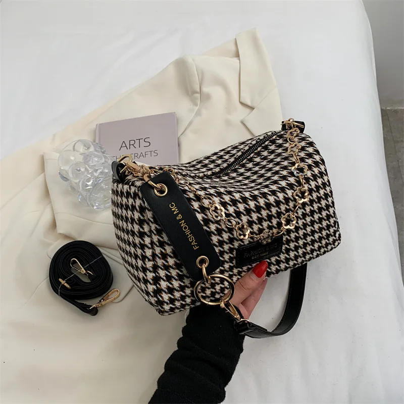 

Small Chain Houndstooth Shoulder Crossbody Bags Woolen Cloth Luxury Designer Women 2021 hit Winter Handbags and Purse Branded