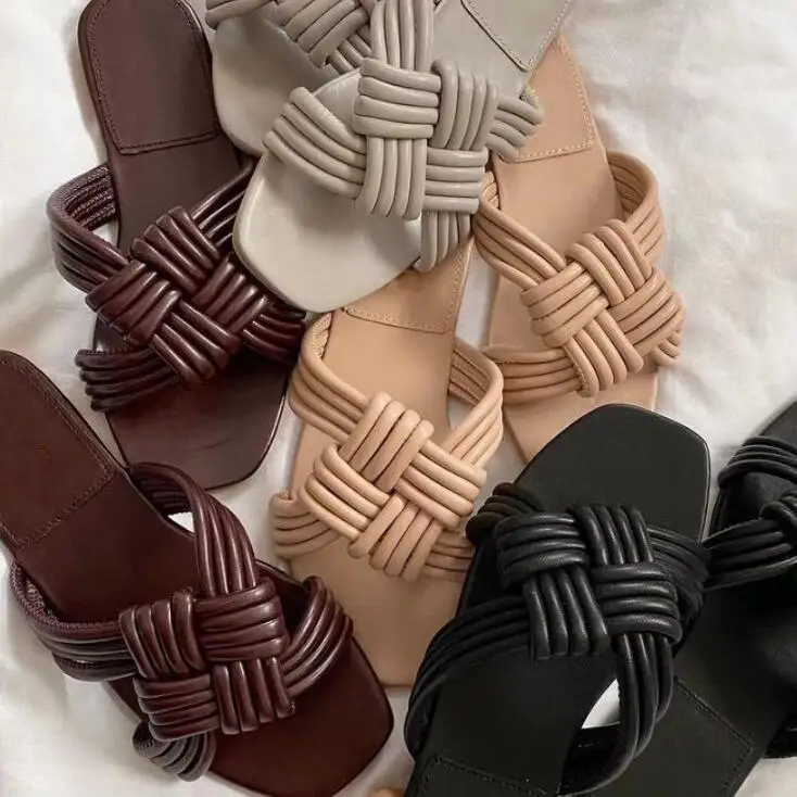 Сандалии женские с плетеным ремешком пикантные пляжные Нескользящие шлепанцы