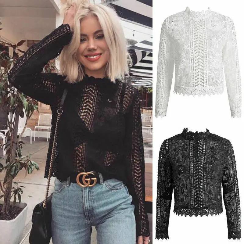 

Women Sheer Lace See Through Tops Hollow Out Long Sleeve Shirt Blouse