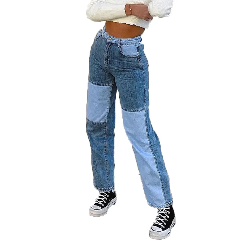 

Spring Autumn Women Patchwork Mom Jeans Casual Loose High Waist Denim Pants Woman Vintage boyfriends straight Leg Jeans trousers