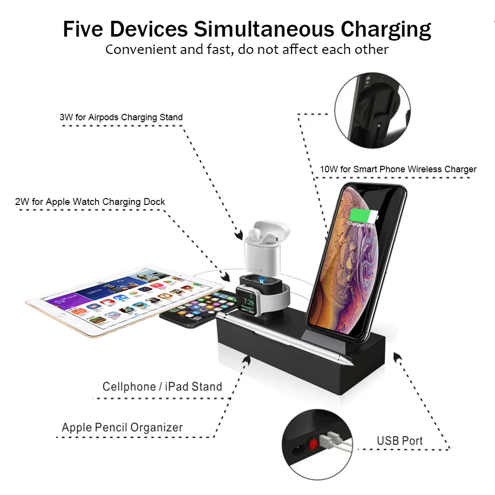 Беспроводной Зарядное устройство подставка для iPhone AirPods Apple Watch док станция