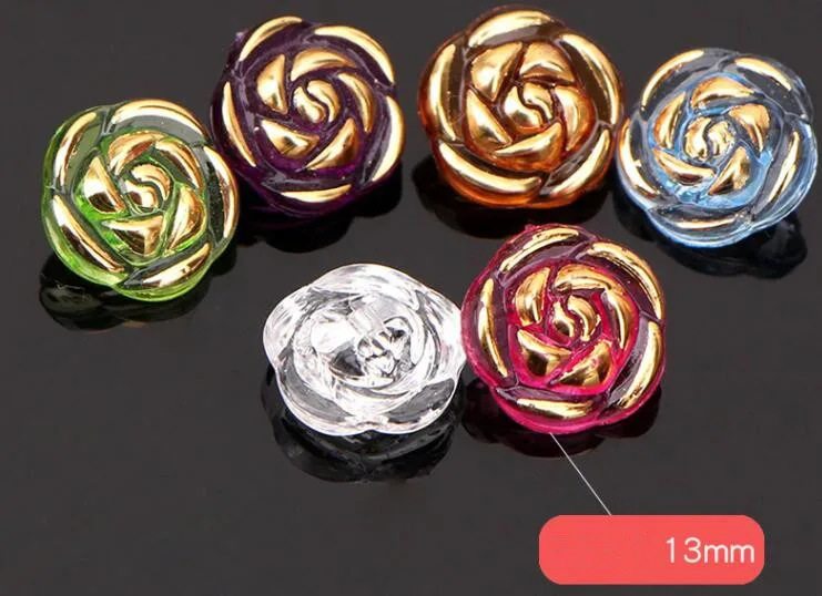 10pcs Crystal Buttons Candy Color Gold Edge Clear Rose Flower Acrylic Buttons for Decoration Handmade Craft Sewing Accessories