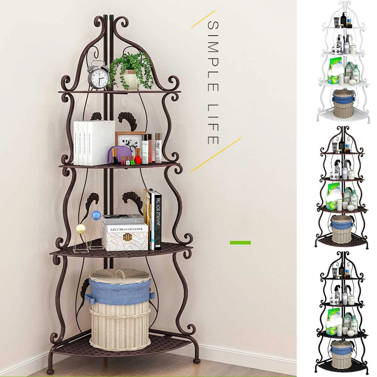 

4/5 Tiers Bathroom Corner Rack Nordic Style Iron Kitchen Organizer Multi-use Antirust Living room Standing Book Shelf Racks