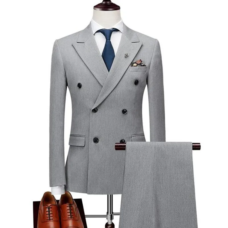 

Костюм мужской двубортный, облегающий деловой костюм, Блейзер, пиджак и брюки, черный и серый цвета, 2 предмета