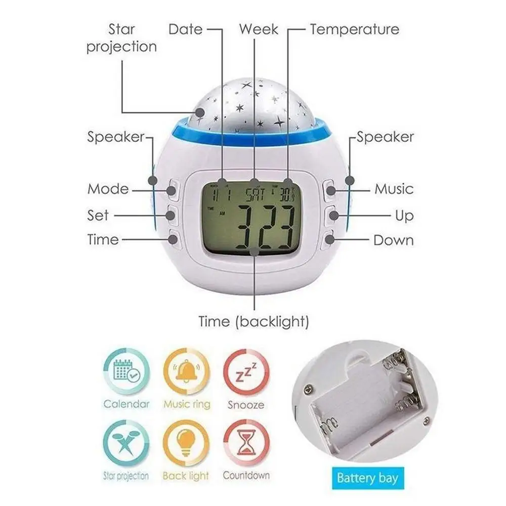 Ночник для спальни Звездный детский будильник светильник Лампа проектора