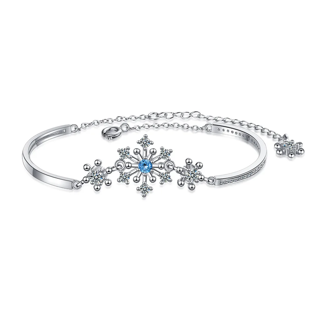 

Simple Snowflake Sky Blue Zircon Adjustable Chain Bangle Silver Color Bracelets For Women Forest Style Accessories SB113