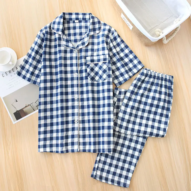

Men Cotton Pajamas Suit Nightgown Plaid Sleepwear Navy Blue 2PCS Nightwear Shirt&Shorts Home Wear Intimate Lingerie Sleep Set