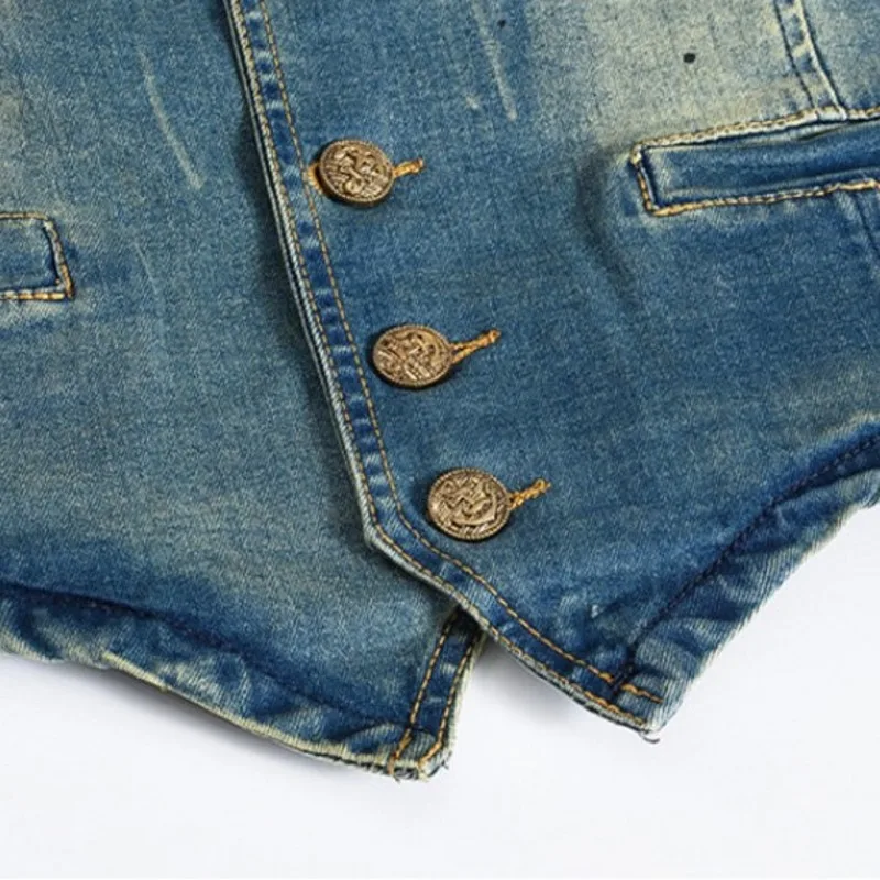 

2021 New Casual Mens Vest Fashion Slim Fit Vintage Sleeveless Denim Waistcoat V Neck Man Jacket Harajuku Jeans Chaqueta Hombre