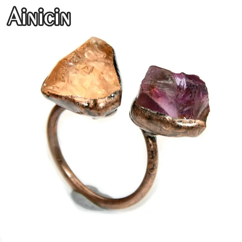 Natural Semi-precious Stone Amehtyst Citrine Fluorite Anitque Bronze Plaitng Open Rings For Fashion Women Jewelry 10pcs