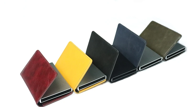 RFID Blocking Credit Card Holder Genuine Leather Men ID Card holder Mini Wallet Vintage Metal Automatic Anti-theft Card Wallet