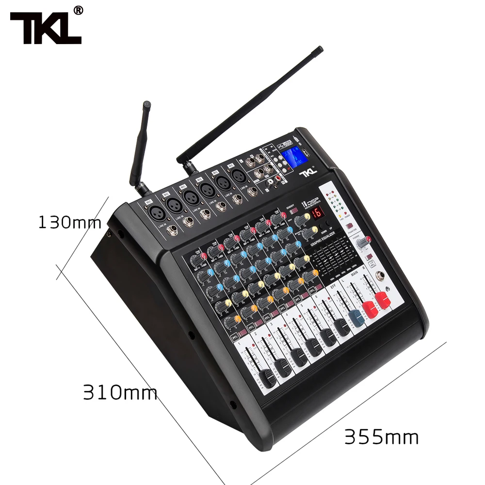 

TKL 6 Channel Audio Mixer 300W*2 Power Amplifier USB Sound Mixing With Wierless Micophone Bluetooth mp3 Effector DJ Mixer