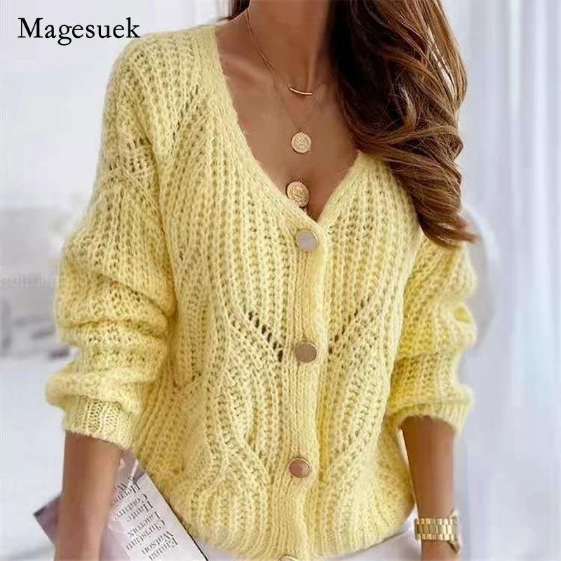 

Повседневные однотонные свободные свитера, Новый Винтажный вязаный свитер на осень и зиму, женский кардиган с V-образным вырезом и длинным р...