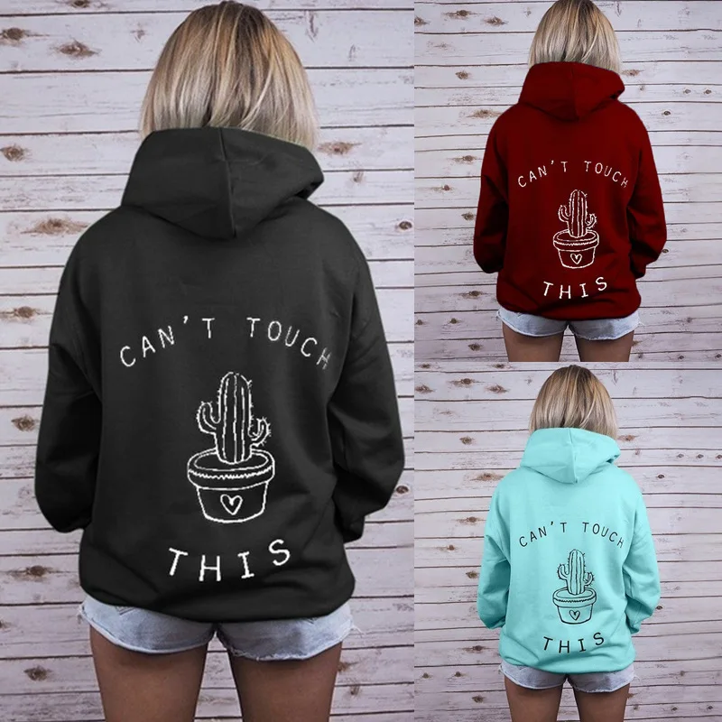 

Women Hooded New Autumn Winter Loose 7 Solid Colors Print Cactus Casual Fashion Street Hipster Comfortable Sweatshirts