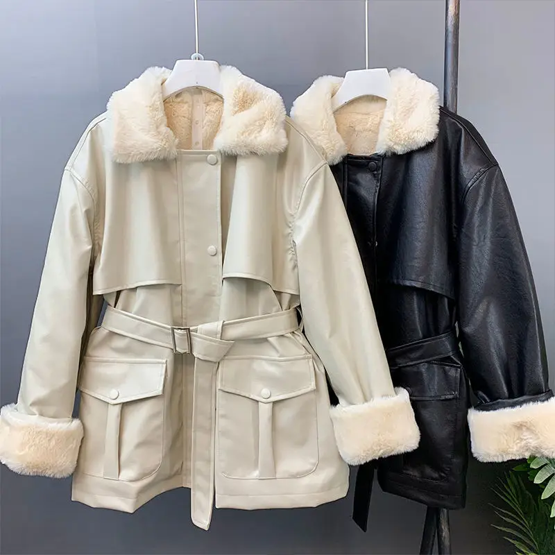 women clothes winter 2021 new Korean Pu fur one-piece fur collar lace up Plush jacket fashion motorcycle clothes women's coat