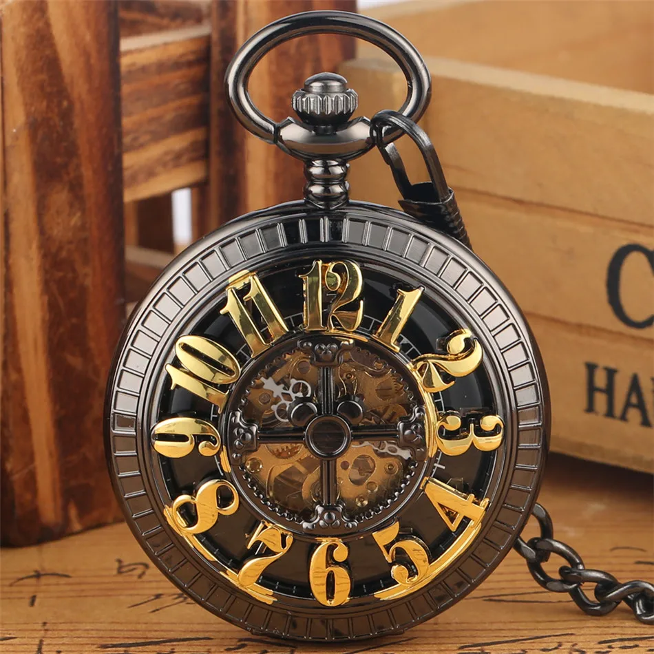 Self Winding Mechanical Pocket Watch Black/ Green Arabic Numerals Dial Automatic Clock Steampunk Pendant Gift | Наручные часы