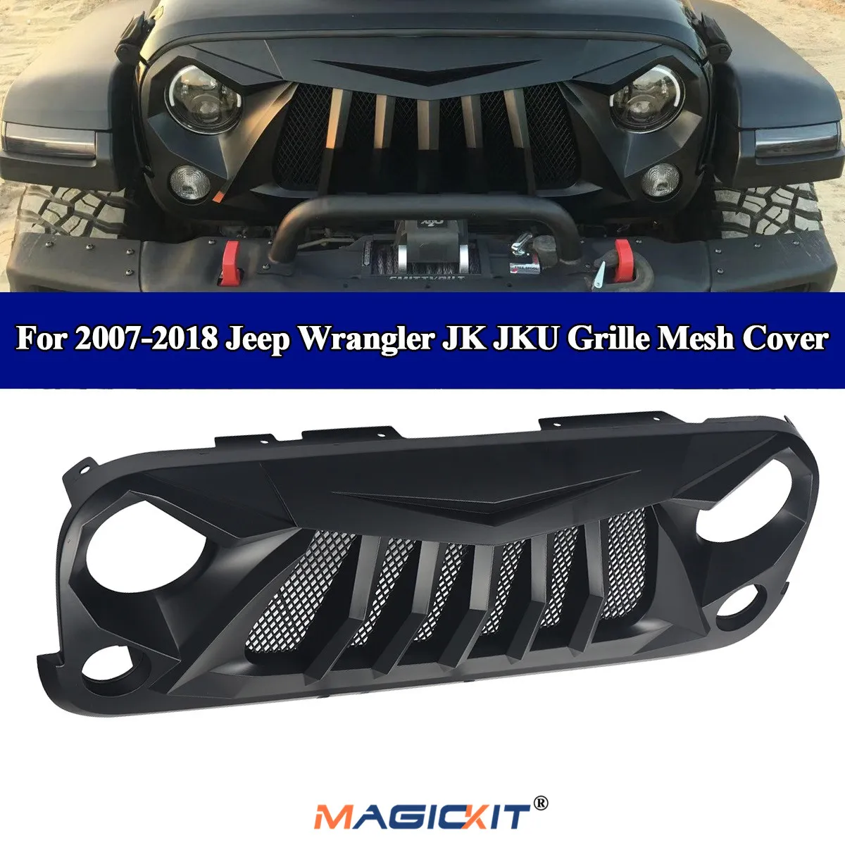 MagicKit матовая Черная передняя решетка капота с сеткой для 2007 2018 JEEP WRANGLER JK