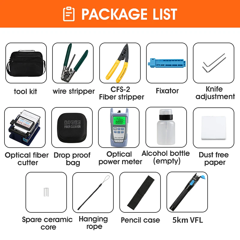 

Fiber Optic FTTH Tool Kit with FC-6C Fiber Cleaver Optical Power Meter 5MW Visual Fault Locator Wire Stripper