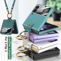 finger ring lanyard leather cases for samsung galaxy z flip 3 5g phone bags lens glass protection strap cover