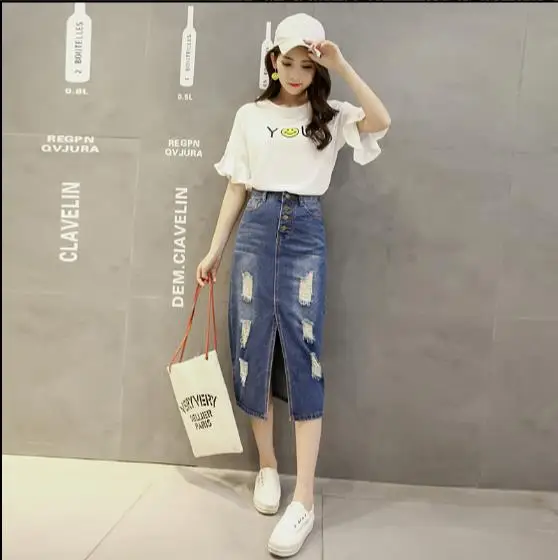 2019 New Spring Summer Autumn fashion women long denim skirt Vintage maxi skirts hole jeans pencil RQ360 | Женская одежда