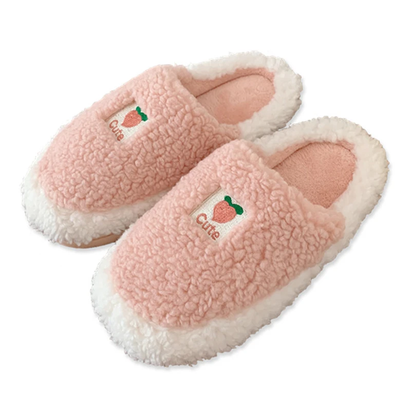 

Cute Pink Peach Girls House Fuzzy Slippers Winter Keep Warm Plush Bedroom Non-slip Cotton Shoes Women Fur Slippers