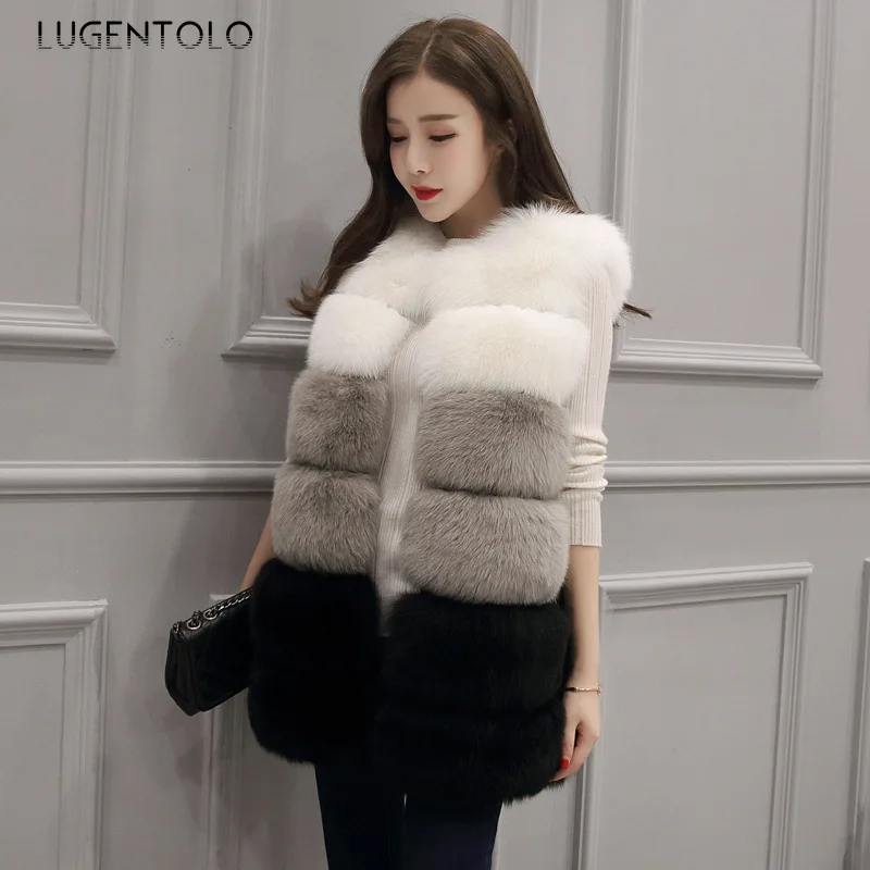 

Slim Faux Fur Women Sleeveless Vest Autumn Winter Fashion Coat Female Casual Splicing Temperament Stripe Faux Fur Lugentolo