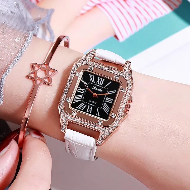 Роскошные наручные часы с кожаным ремешком для женщин модные квадратные маленьким циферблатом кварцевые