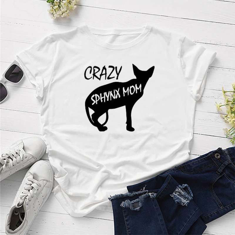 Crazy Sphynx Cat мама мамочка мама женский короткий рукав Топ Tees90s Хлопок Забавный буквенный принт графическая футболка с круглым вырезом Прямая поставка