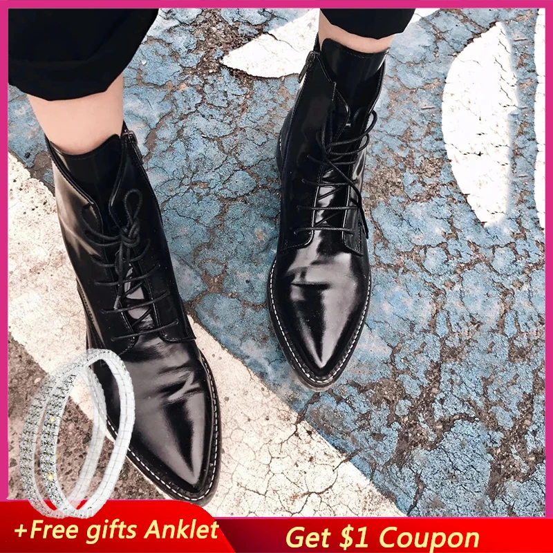 Женские ботинки с острым носком SHENGY черные кожаные на плоской подошве в