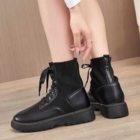 2021 fashion luxury leather black ankle boots women lace up brand shoes chelsea boots thick soled nude ankle boots