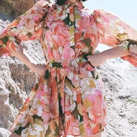 pink chiffon printing skirt in the summer of 2021 the new single breasted lapel and dyeing character waist a line dress