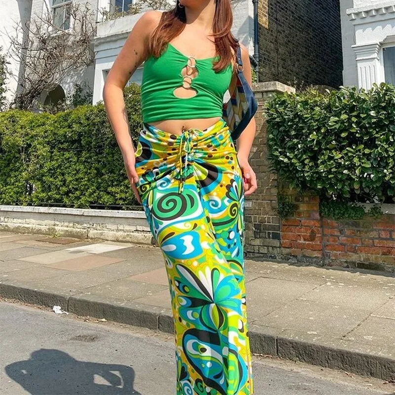 

2021 New Long Skirts Female Beach Holiday Boho Casual Fashion Abstract Printing Side Slit Pleated Office Ladies Mid-Long Skirts