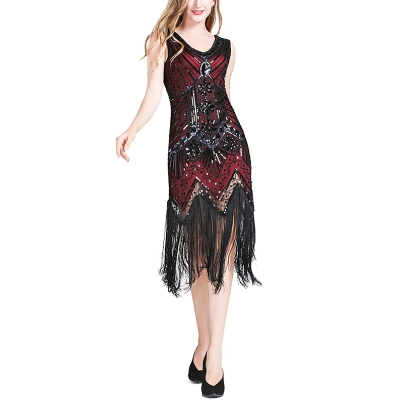 

Women Net Yarn Dense Tassel Hem Dress Latin Dancing Sleeveless V-neck Contrast Color Vintage Sequin Slim Dresses Stage Performan