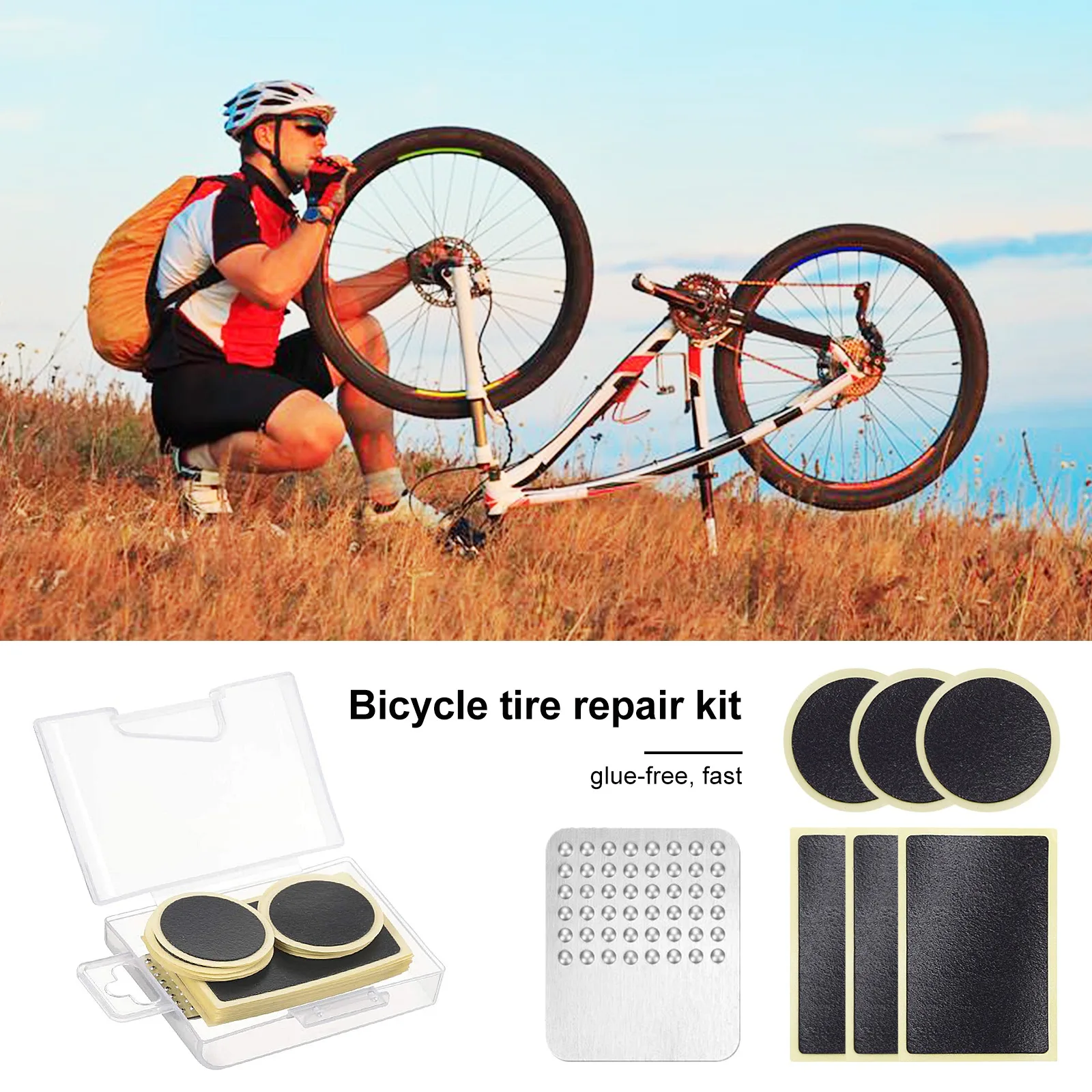 

Bike Bicycle Cycling Tire Repair Kit Tool Set Inner Tube Patching Tyre Filler Glue Free Cold Patch Sealant Fix Portable Tirefit