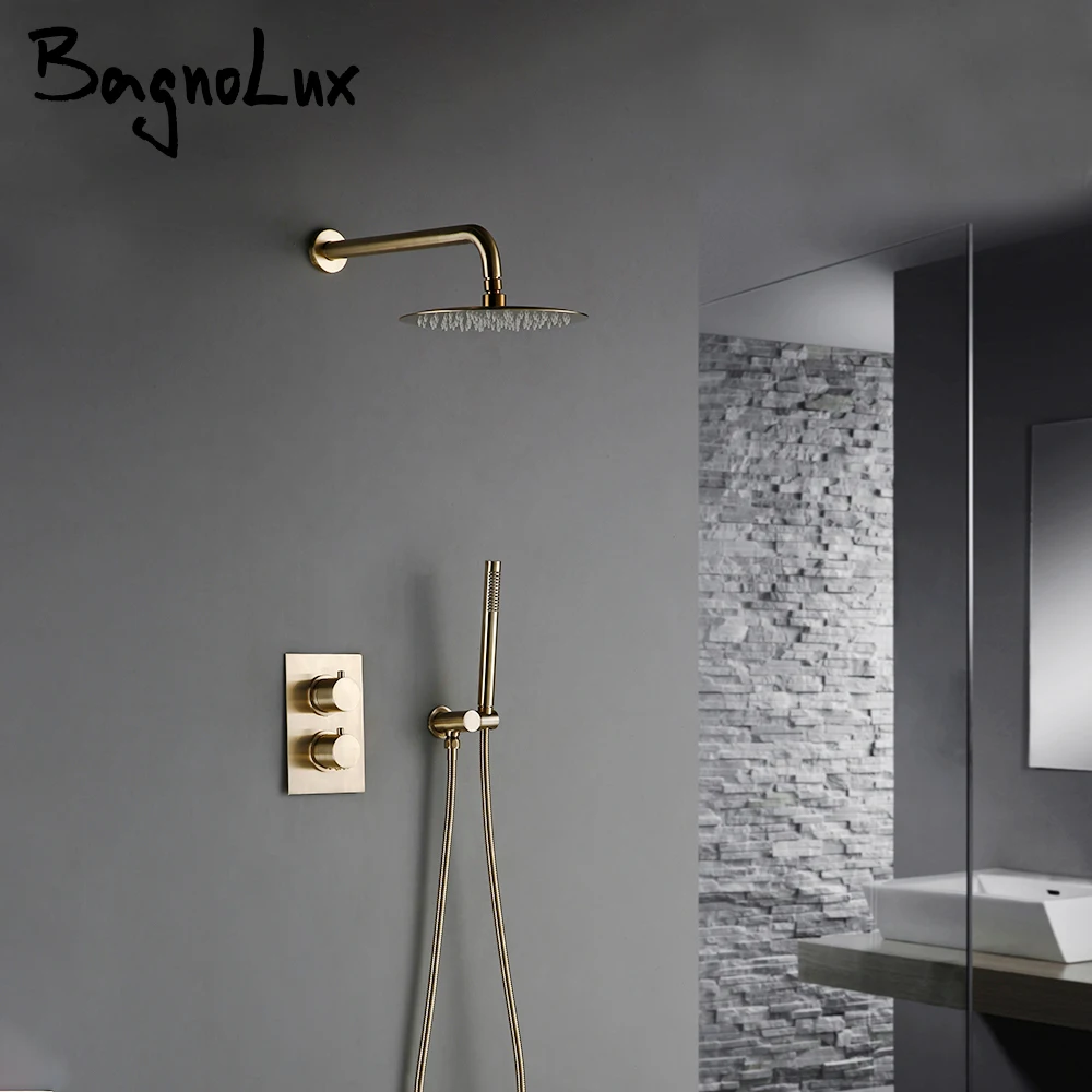 Solid Brass Thermostatic Mixer Diverter Set Brushed Gold Bath Bathroom Shower Head Rianfall Luxury Combo Faucet Wall Mount Arm
