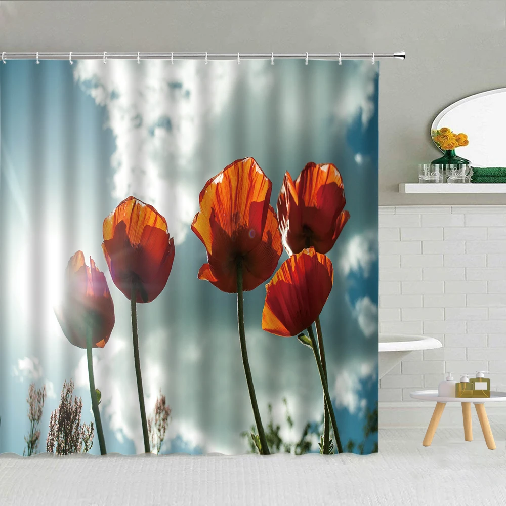 Занавеска для душа с красным маком картина маслом растения зеленые листья Ретро