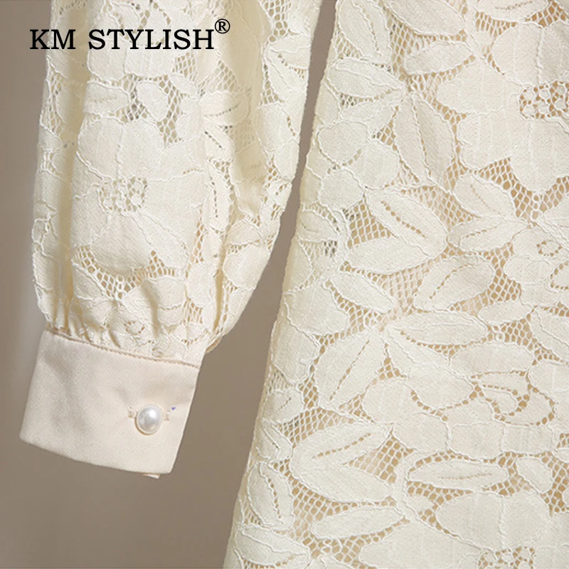 

Women Solid Ruffles Lace Cutout Casual Dress Apricot Bow Neck Long Sleeve Elegant Sashes Dresses