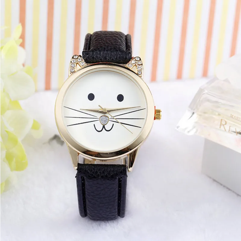 

Children's watch Fashion Casual Girl Watch Kids Cute Genuine Leather Strap Cat Watches Children Quartz Wristwatch Clock