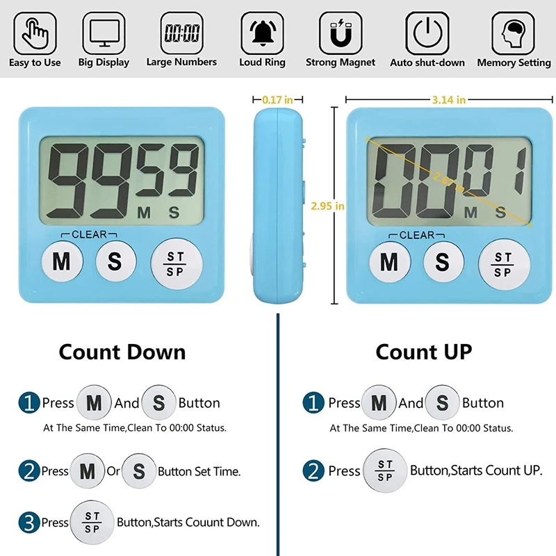 

Kitchen Timer, Digital Kitchen Timers Big Digits, Loud Alarm, Magnetic Backing, Back Stand for Cooking, Bathroom, Kids