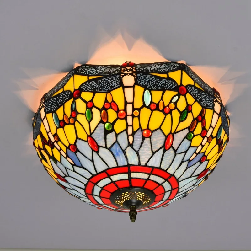 

40cm European-Style Mediterranean Dragonfly Tiffany Multi-Color Glass Restaurant Bedroom Aisle Bathroom Glass Ceiling Lamp