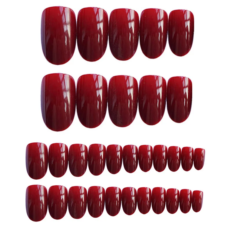 24pcs/box False Nails With Glue Mid-length Round Head Vintage Wine Red Fashion Artificial Nail Press On Fake Art Decoration | Красота и